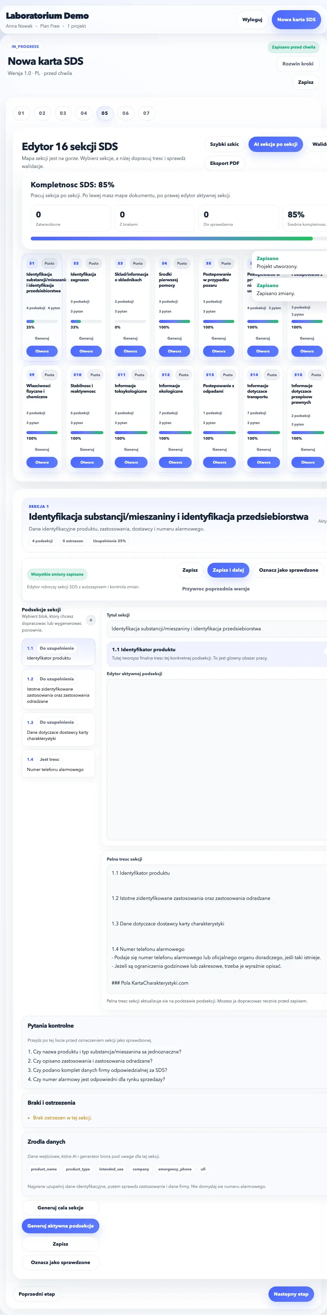 Edycja 16 sekcji karty charakterystyki w generatorze SDS