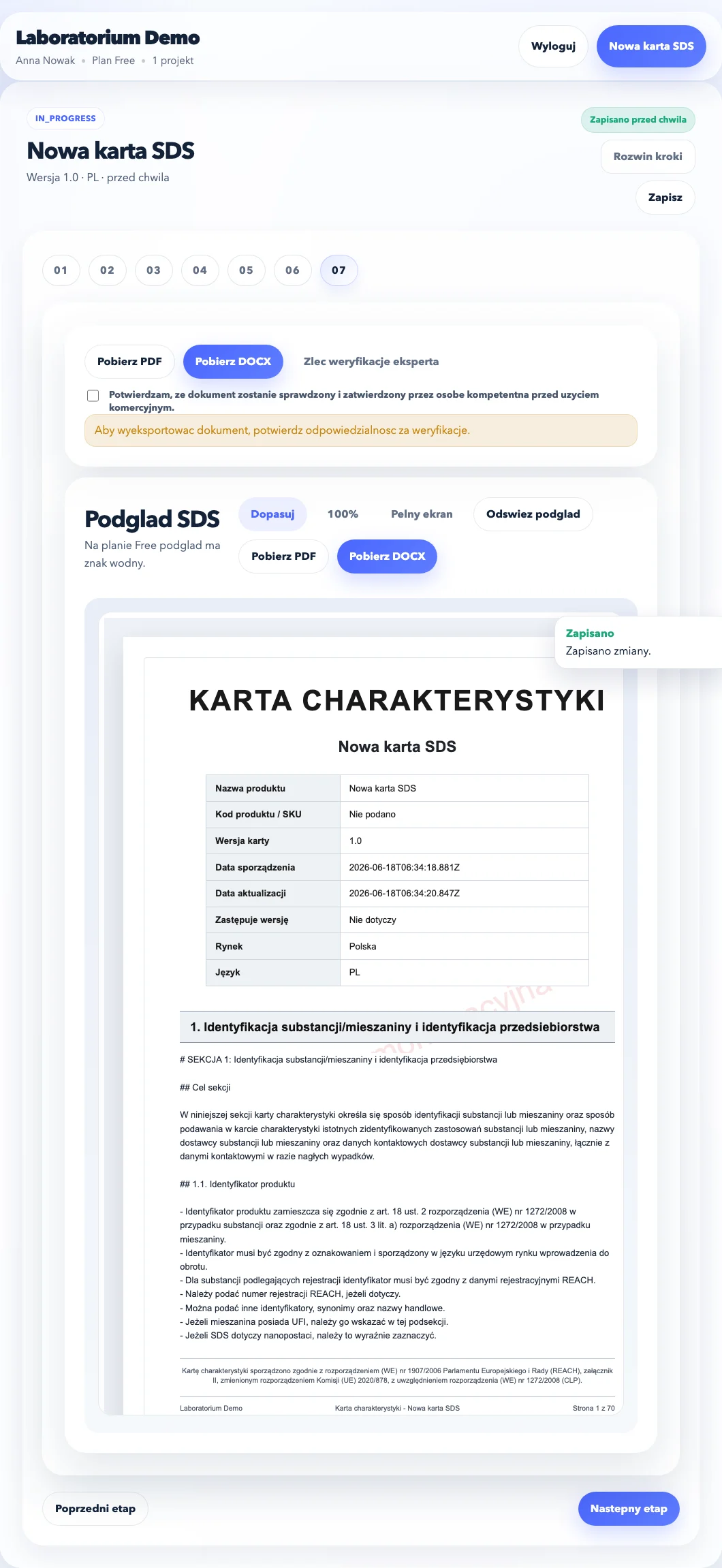 Podgląd karty charakterystyki wygenerowanej do PDF